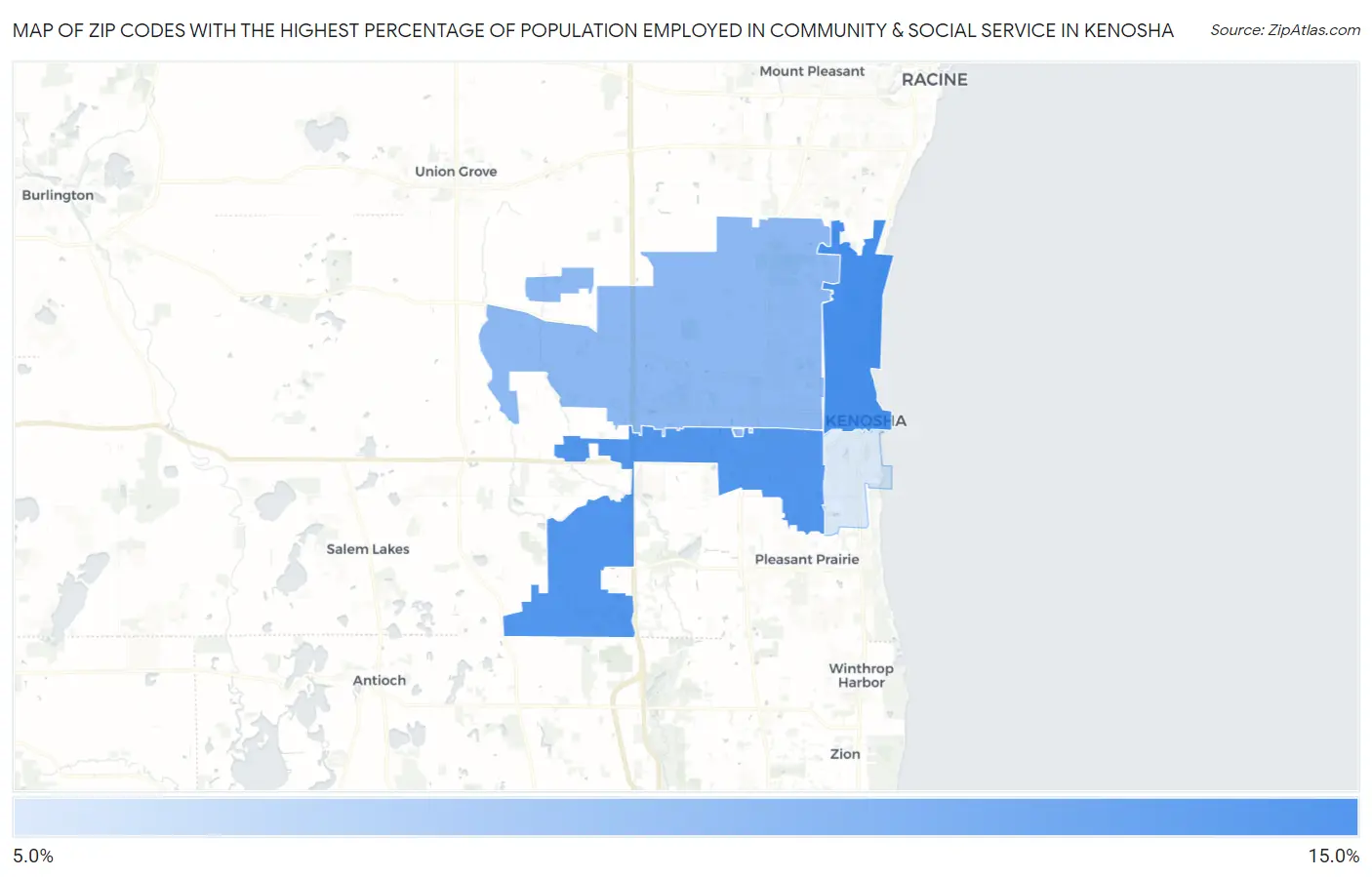 Zip Codes with the Highest Percentage of Population Employed in Community & Social Service  in Kenosha Map