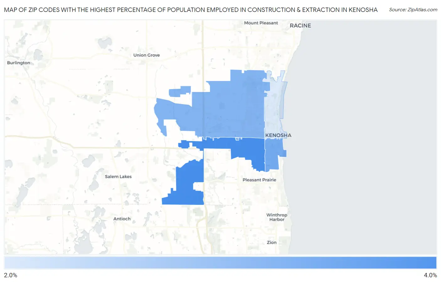 Zip Codes with the Highest Percentage of Population Employed in Construction & Extraction in Kenosha Map