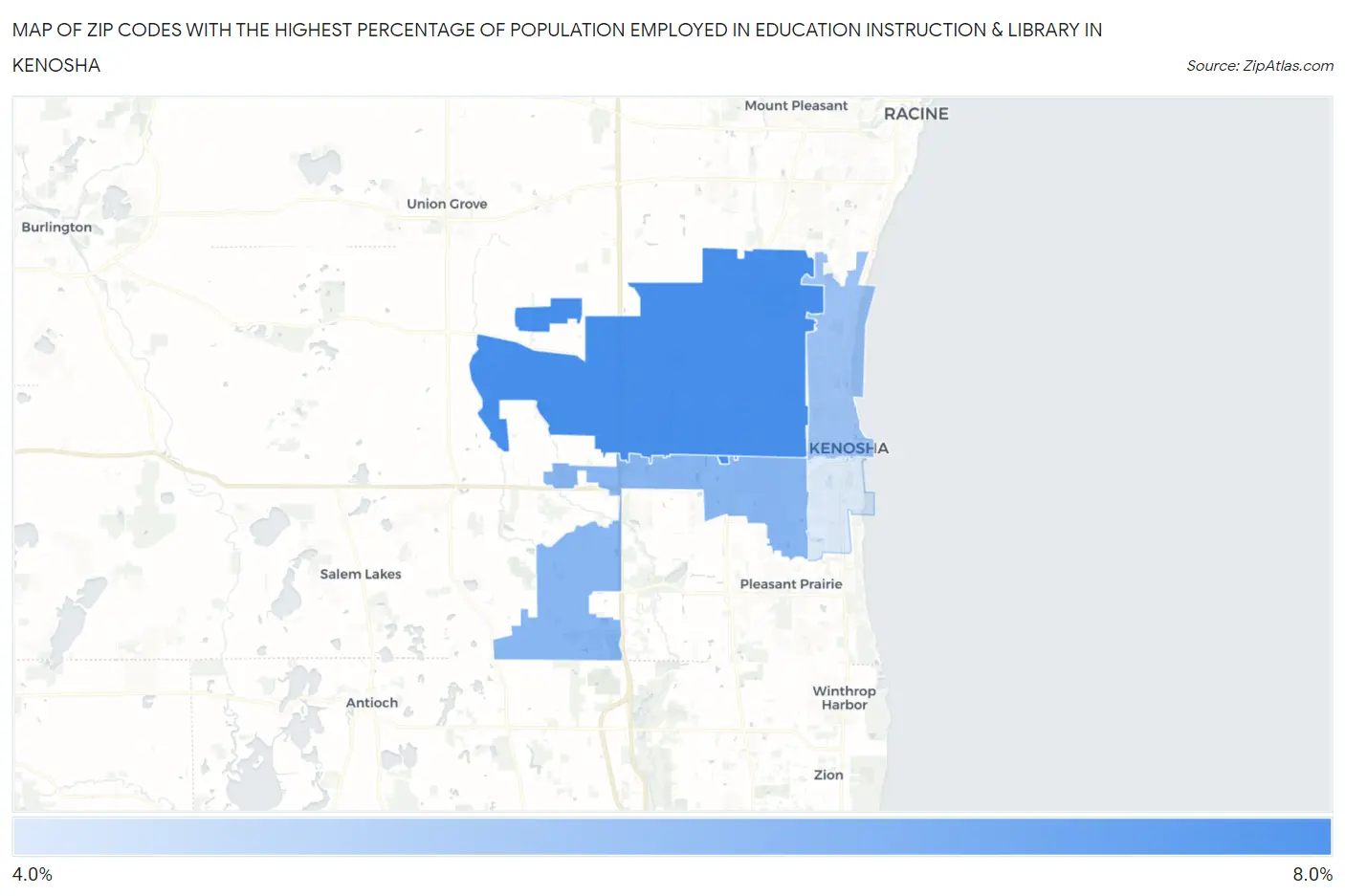 Zip Codes with the Highest Percentage of Population Employed in Education Instruction & Library in Kenosha Map