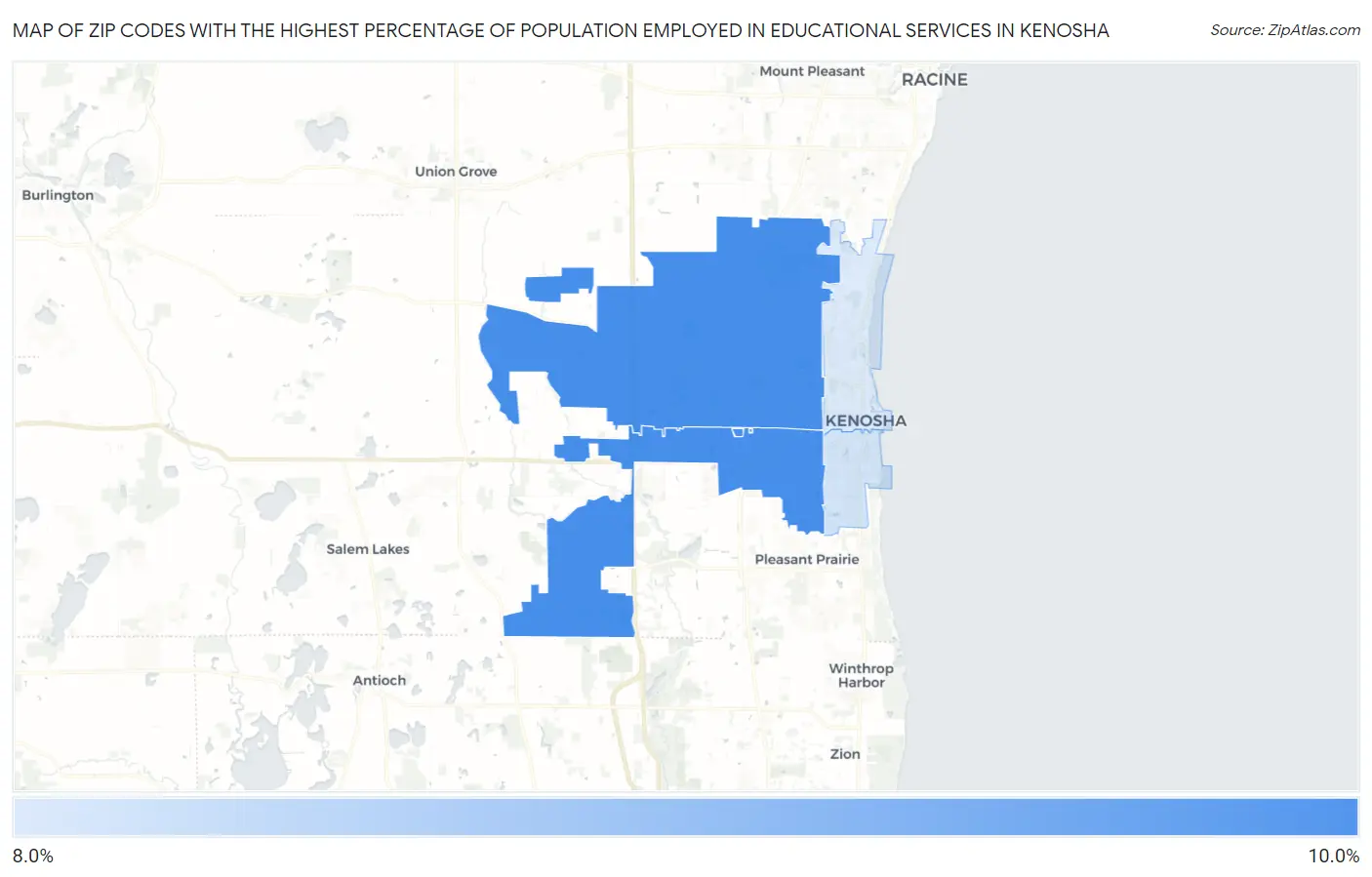 Zip Codes with the Highest Percentage of Population Employed in Educational Services in Kenosha Map