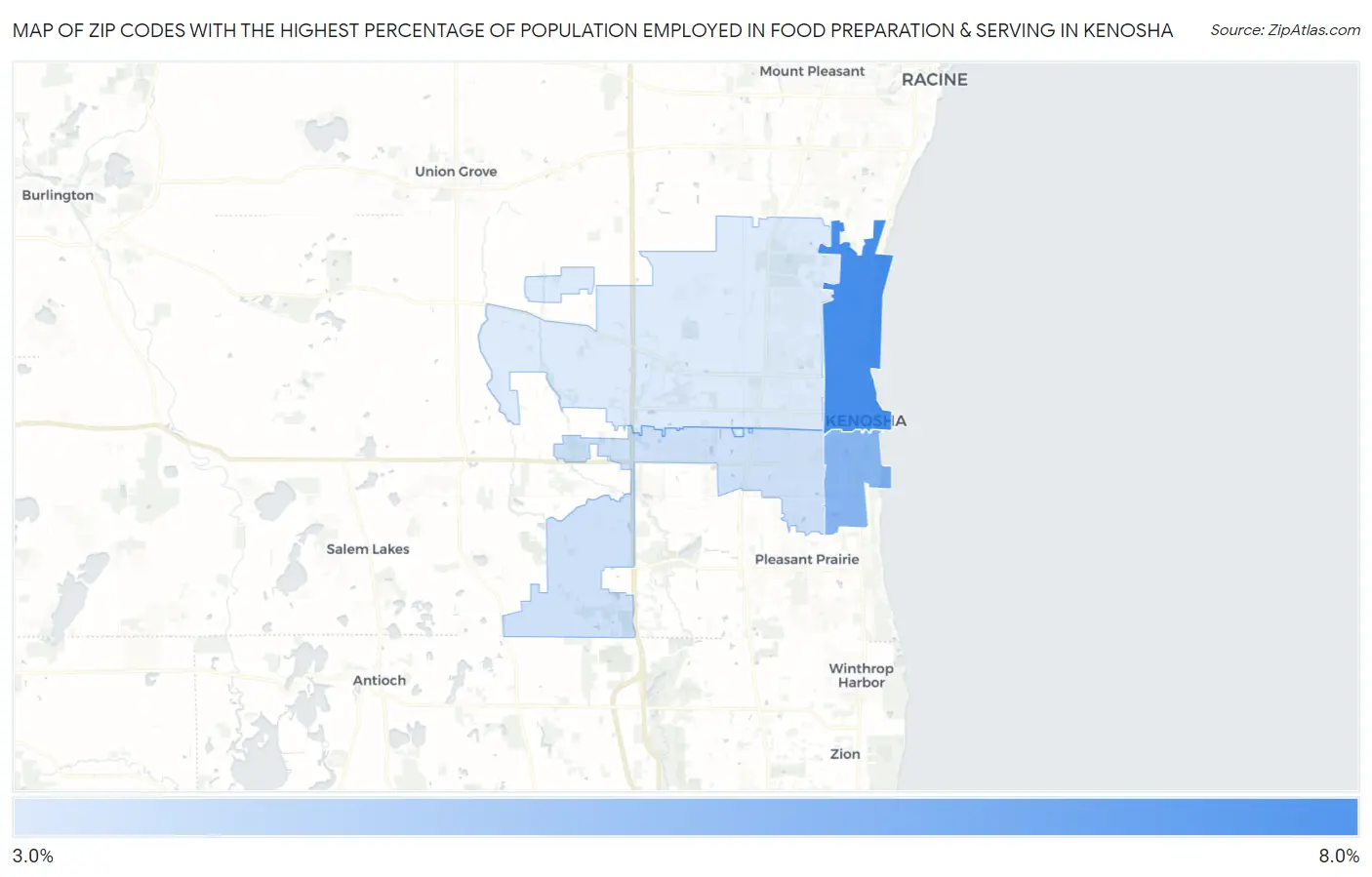Zip Codes with the Highest Percentage of Population Employed in Food Preparation & Serving in Kenosha Map