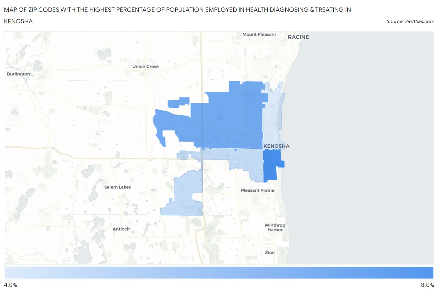 Zip Codes with the Highest Percentage of Population Employed in Health Diagnosing & Treating in Kenosha Map