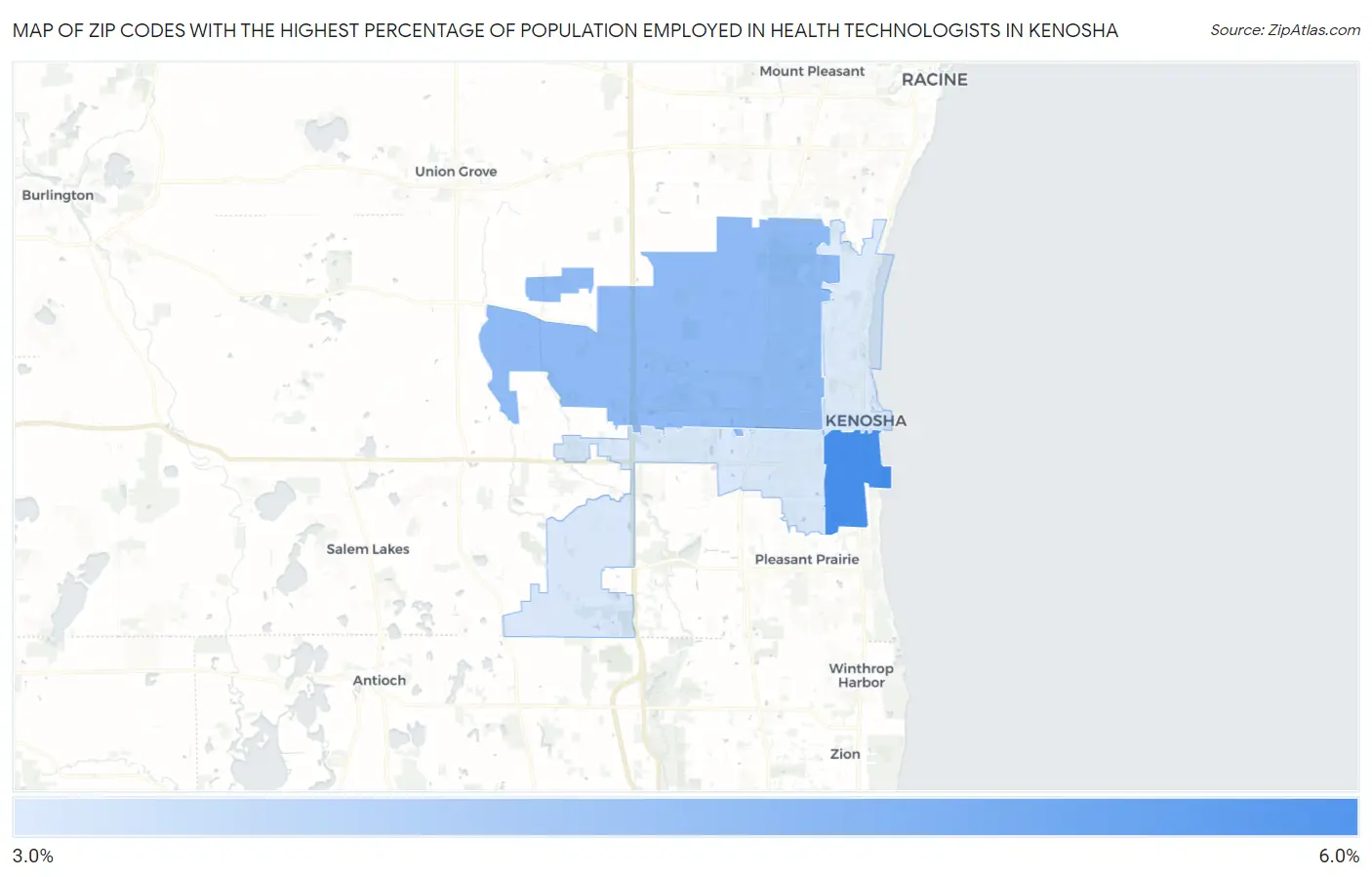 Zip Codes with the Highest Percentage of Population Employed in Health Technologists in Kenosha Map