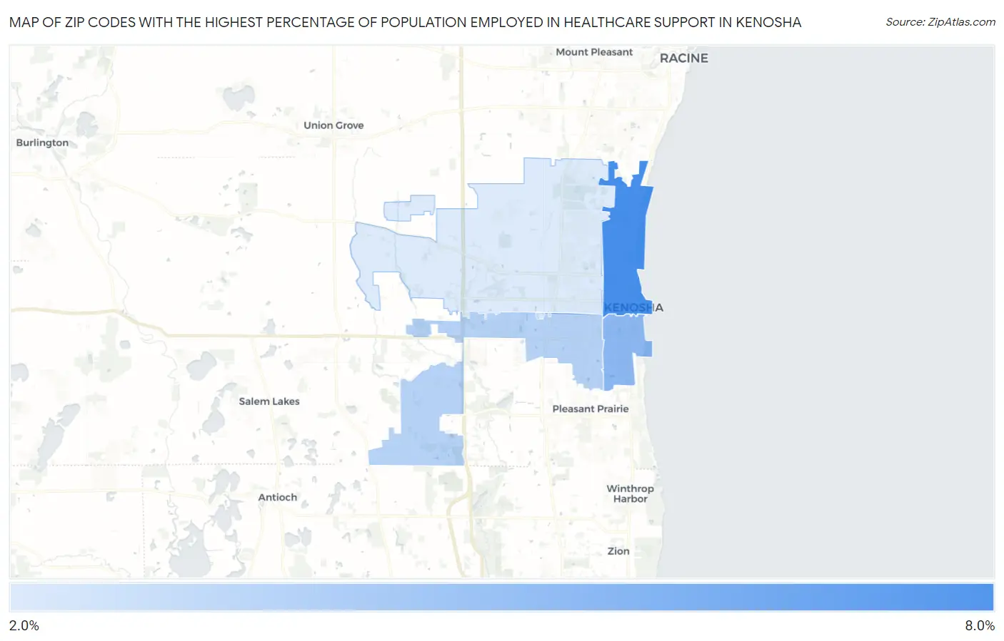 Zip Codes with the Highest Percentage of Population Employed in Healthcare Support in Kenosha Map