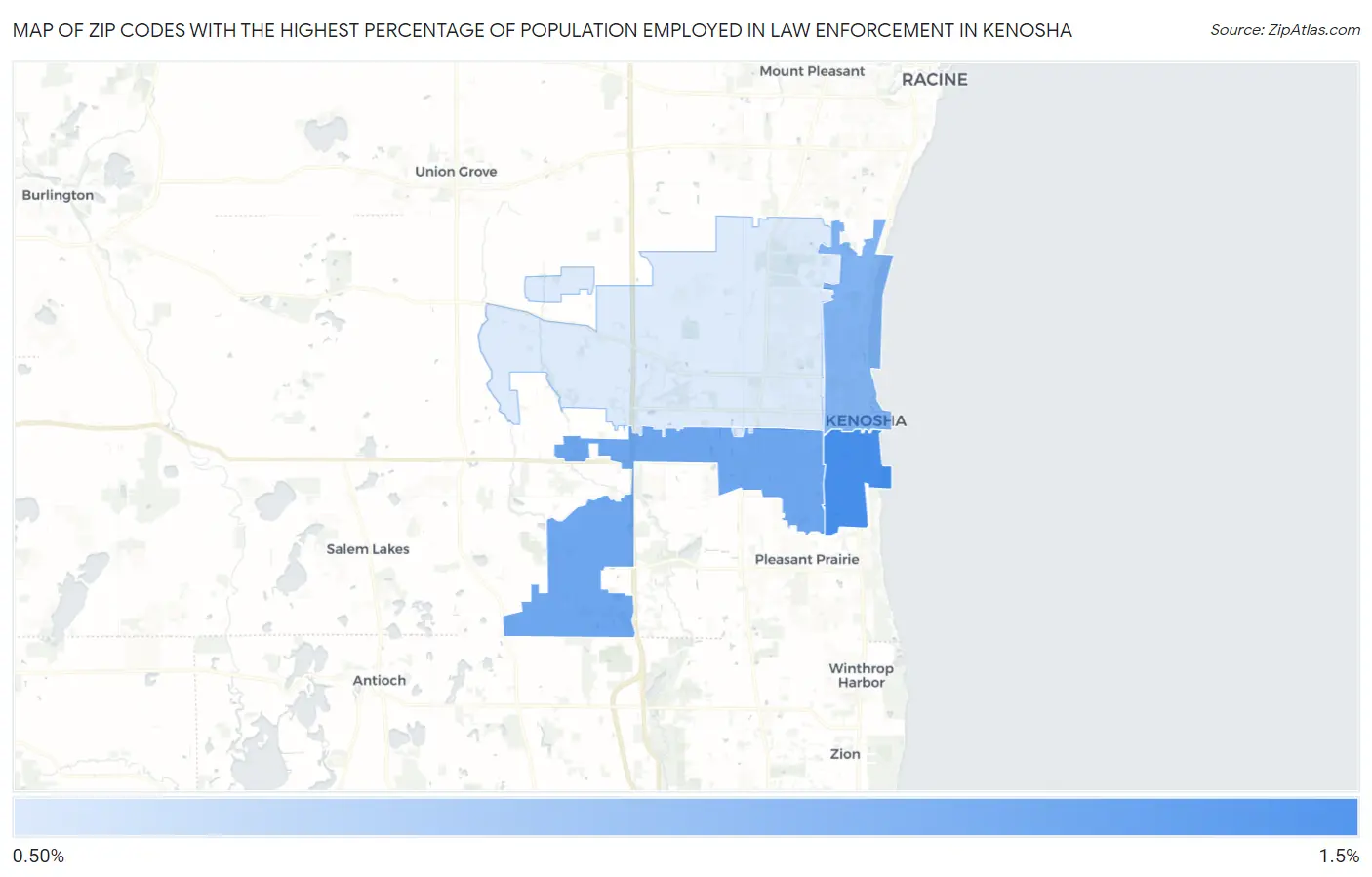 Zip Codes with the Highest Percentage of Population Employed in Law Enforcement in Kenosha Map