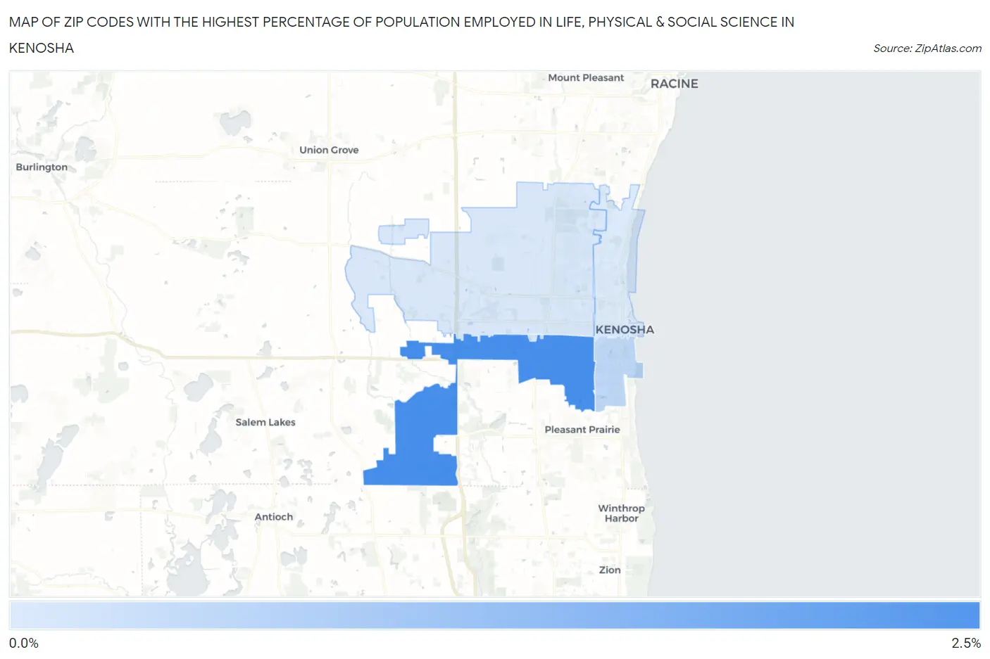 Zip Codes with the Highest Percentage of Population Employed in Life, Physical & Social Science in Kenosha Map