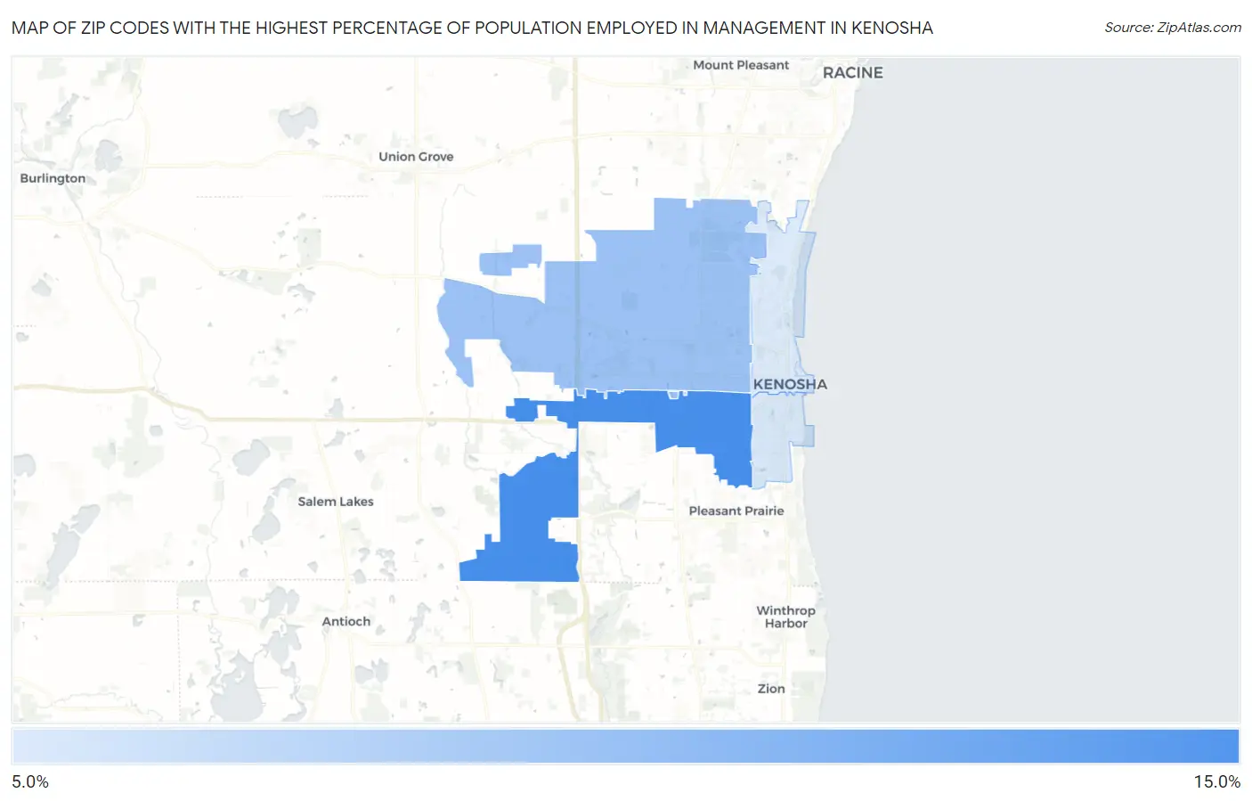 Zip Codes with the Highest Percentage of Population Employed in Management in Kenosha Map