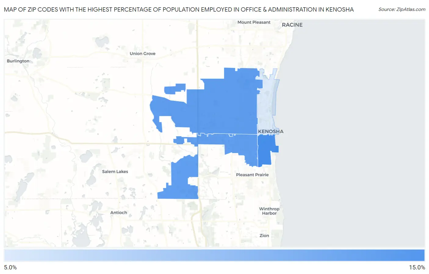 Zip Codes with the Highest Percentage of Population Employed in Office & Administration in Kenosha Map