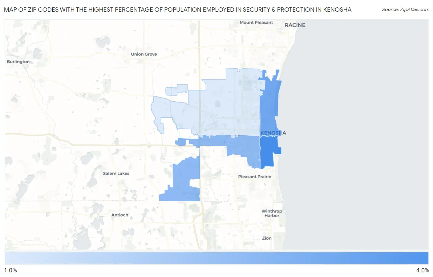 Zip Codes with the Highest Percentage of Population Employed in Security & Protection in Kenosha Map