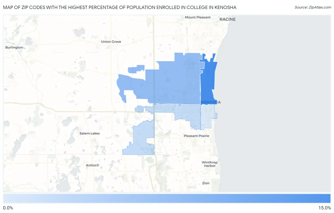 Zip Codes with the Highest Percentage of Population Enrolled in College in Kenosha Map