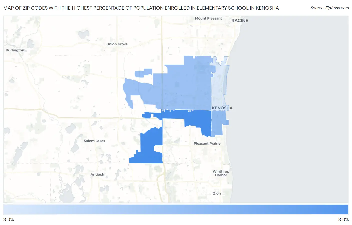 Zip Codes with the Highest Percentage of Population Enrolled in Elementary School in Kenosha Map