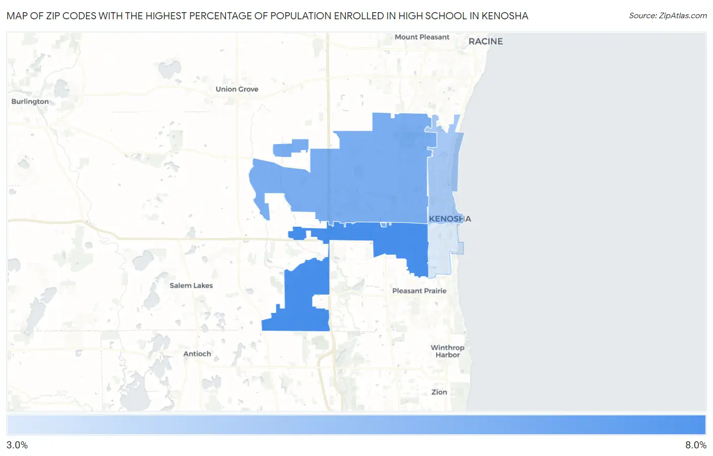 Zip Codes with the Highest Percentage of Population Enrolled in High School in Kenosha Map