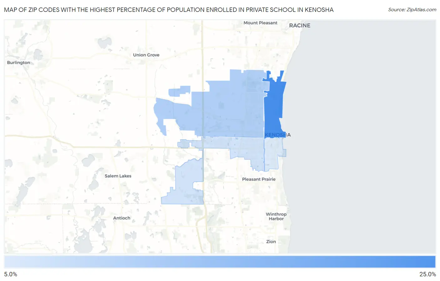 Zip Codes with the Highest Percentage of Population Enrolled in Private School in Kenosha Map