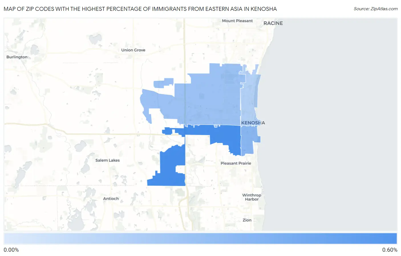 Zip Codes with the Highest Percentage of Immigrants from Eastern Asia in Kenosha Map
