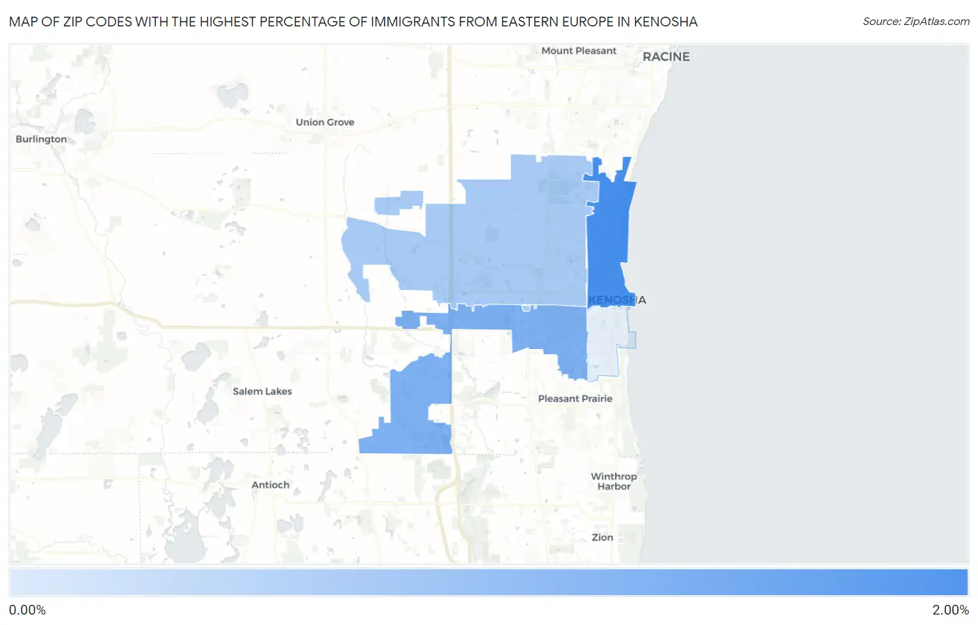 Zip Codes with the Highest Percentage of Immigrants from Eastern Europe in Kenosha Map