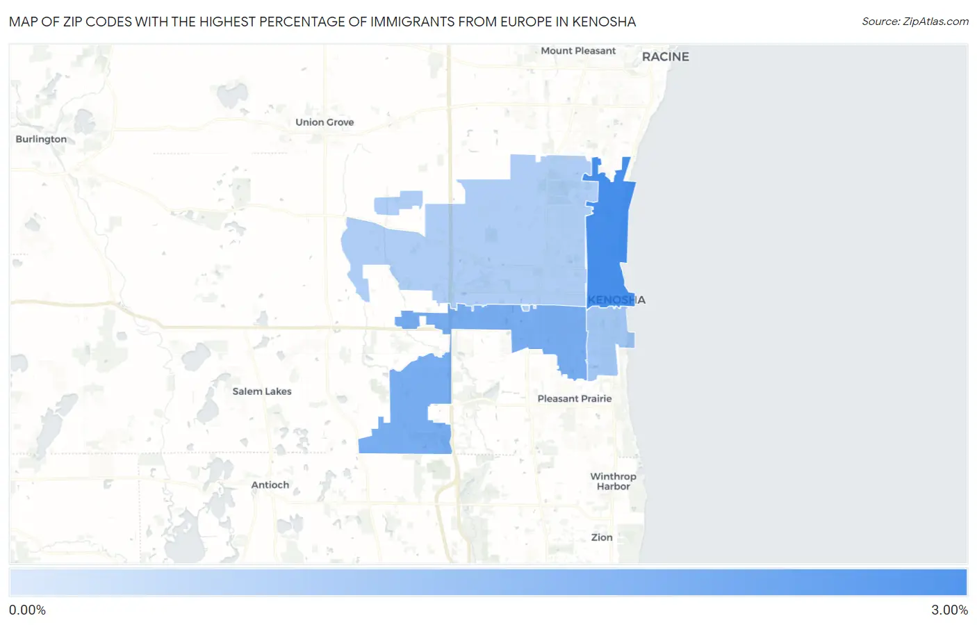 Zip Codes with the Highest Percentage of Immigrants from Europe in Kenosha Map