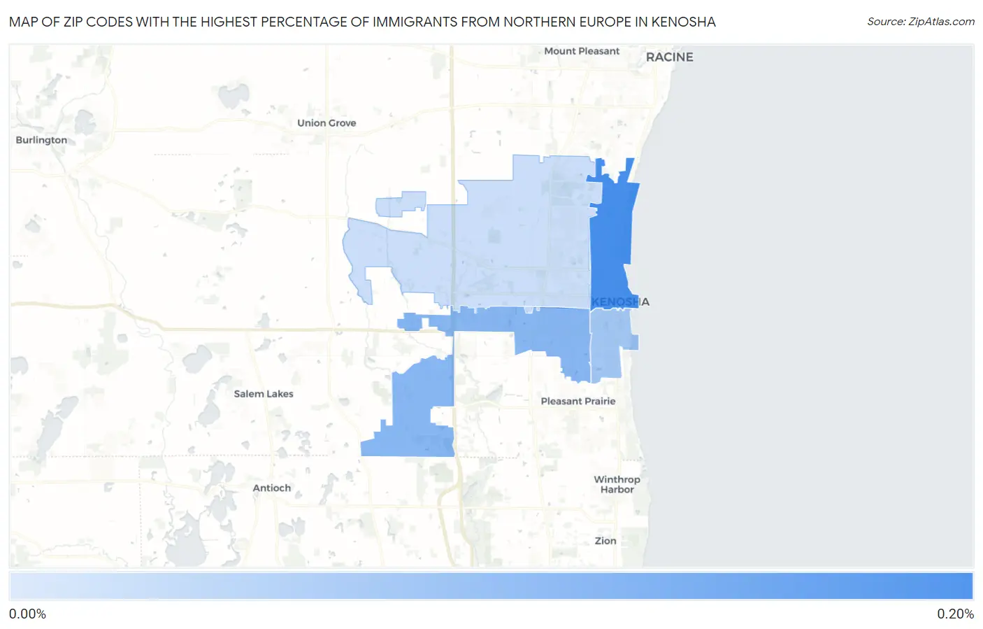 Zip Codes with the Highest Percentage of Immigrants from Northern Europe in Kenosha Map