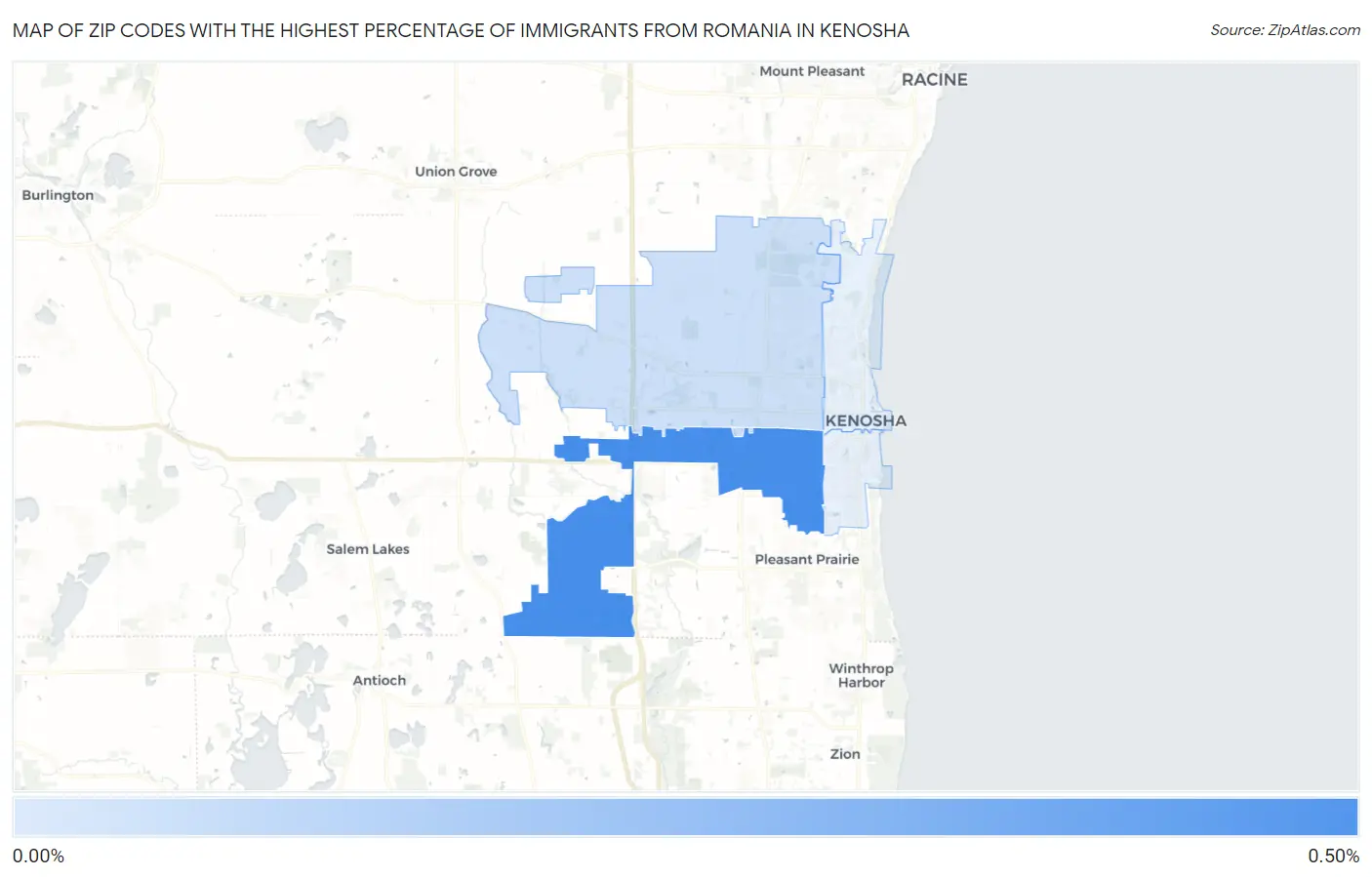 Zip Codes with the Highest Percentage of Immigrants from Romania in Kenosha Map