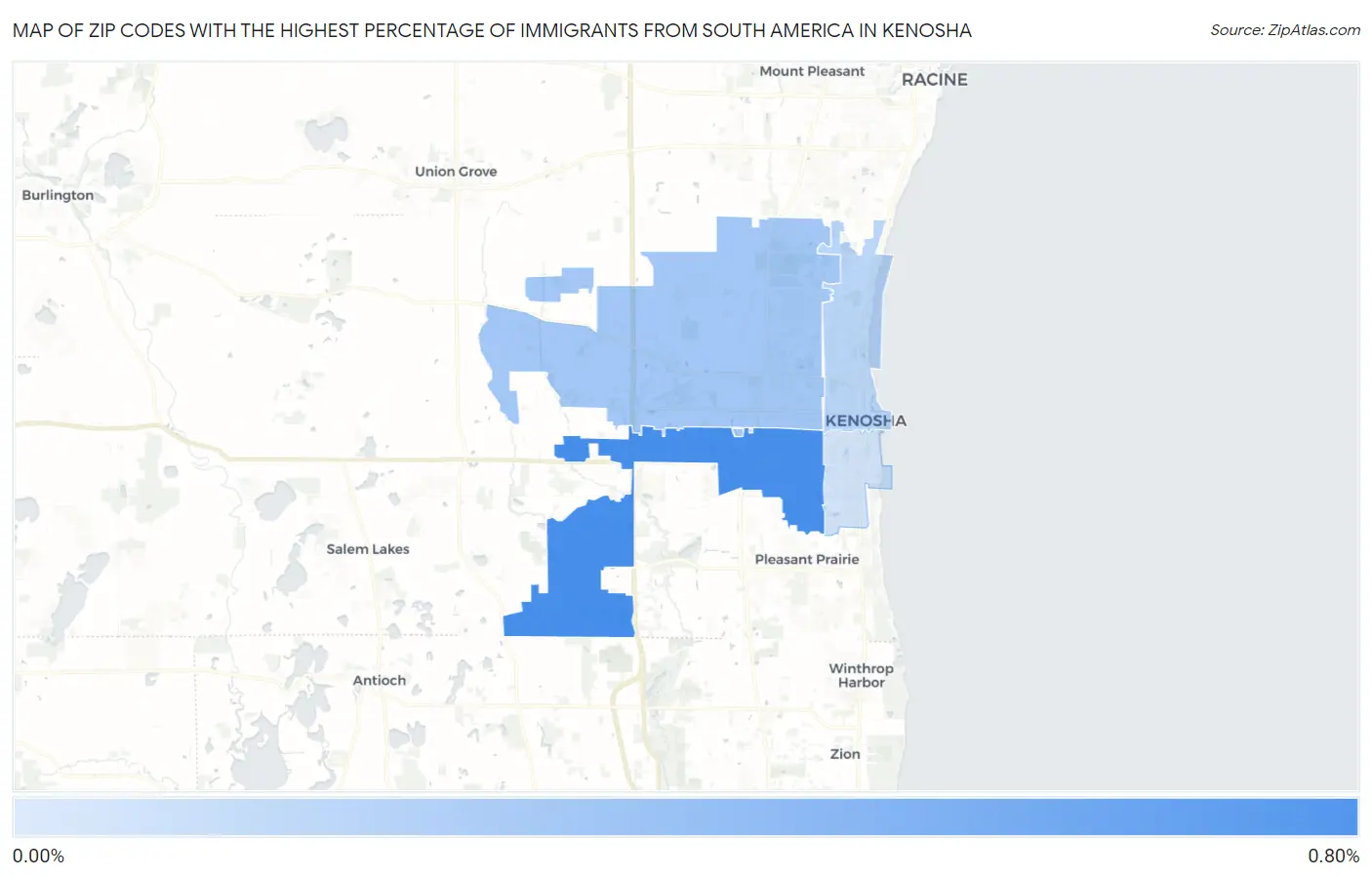 Zip Codes with the Highest Percentage of Immigrants from South America in Kenosha Map