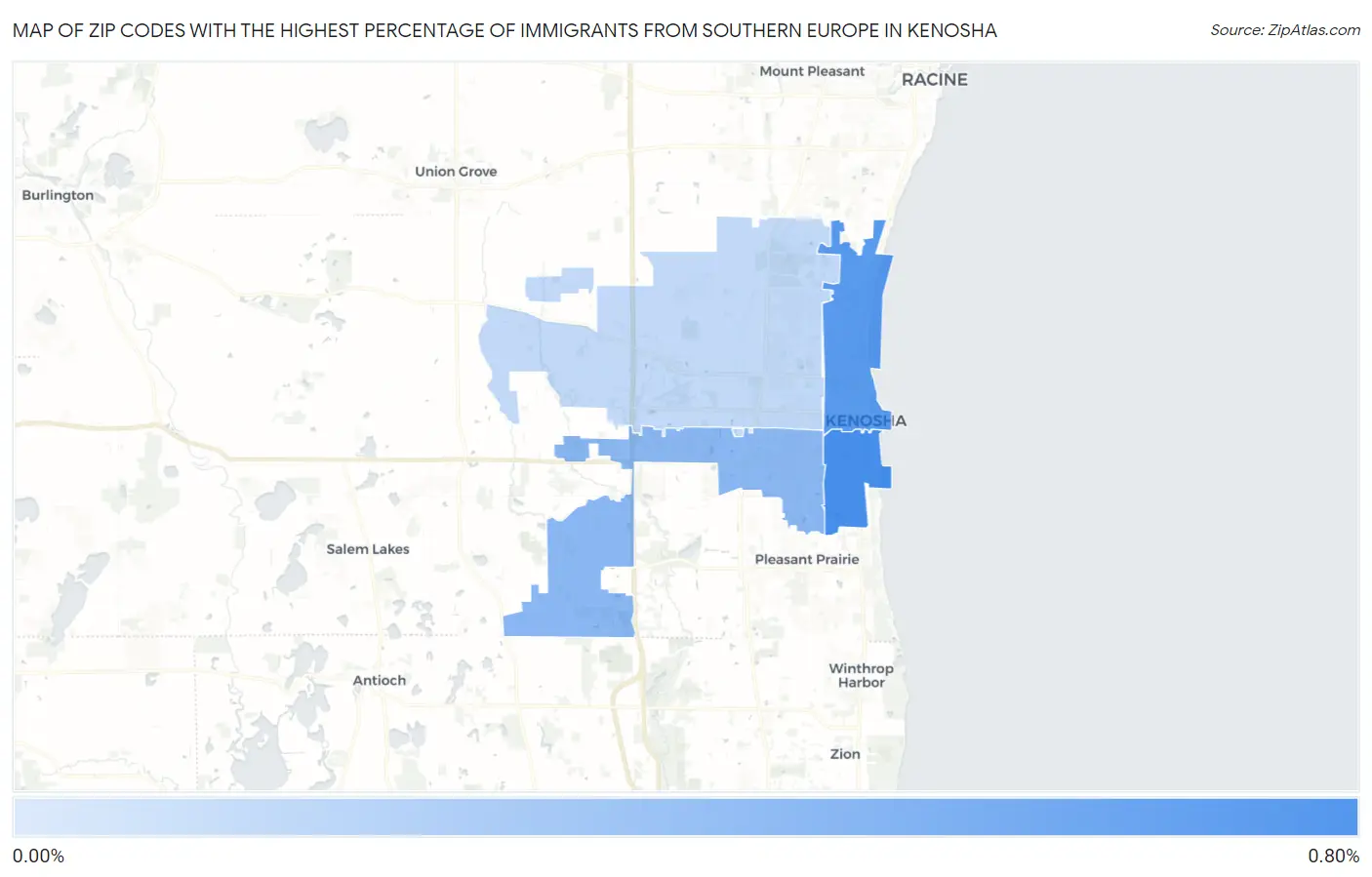 Zip Codes with the Highest Percentage of Immigrants from Southern Europe in Kenosha Map