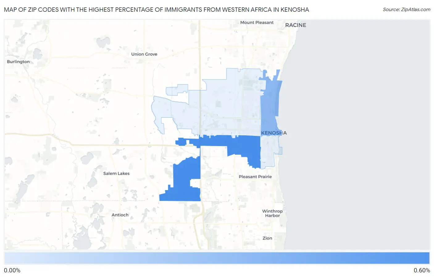 Zip Codes with the Highest Percentage of Immigrants from Western Africa in Kenosha Map