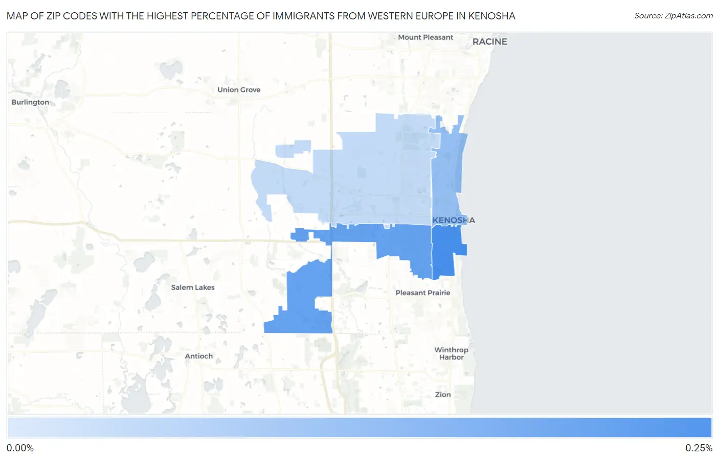 Zip Codes with the Highest Percentage of Immigrants from Western Europe in Kenosha Map