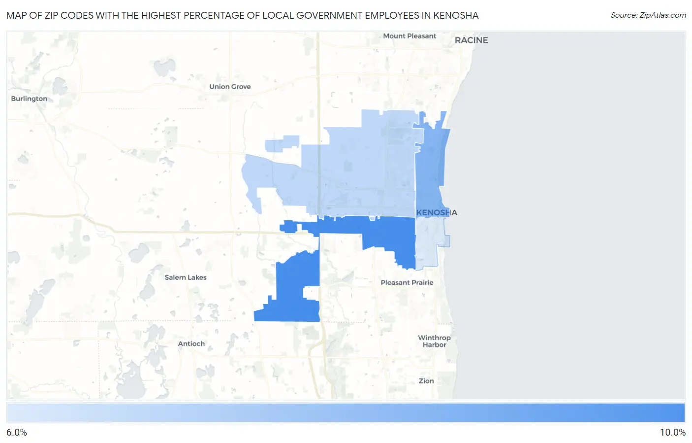 Zip Codes with the Highest Percentage of Local Government Employees in Kenosha Map