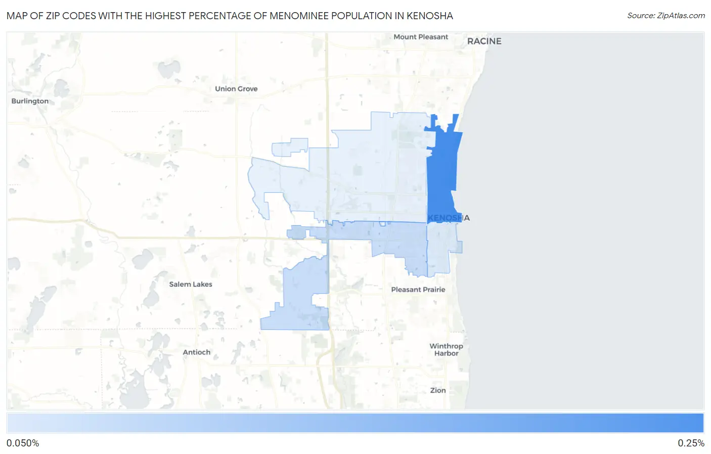 Zip Codes with the Highest Percentage of Menominee Population in Kenosha Map