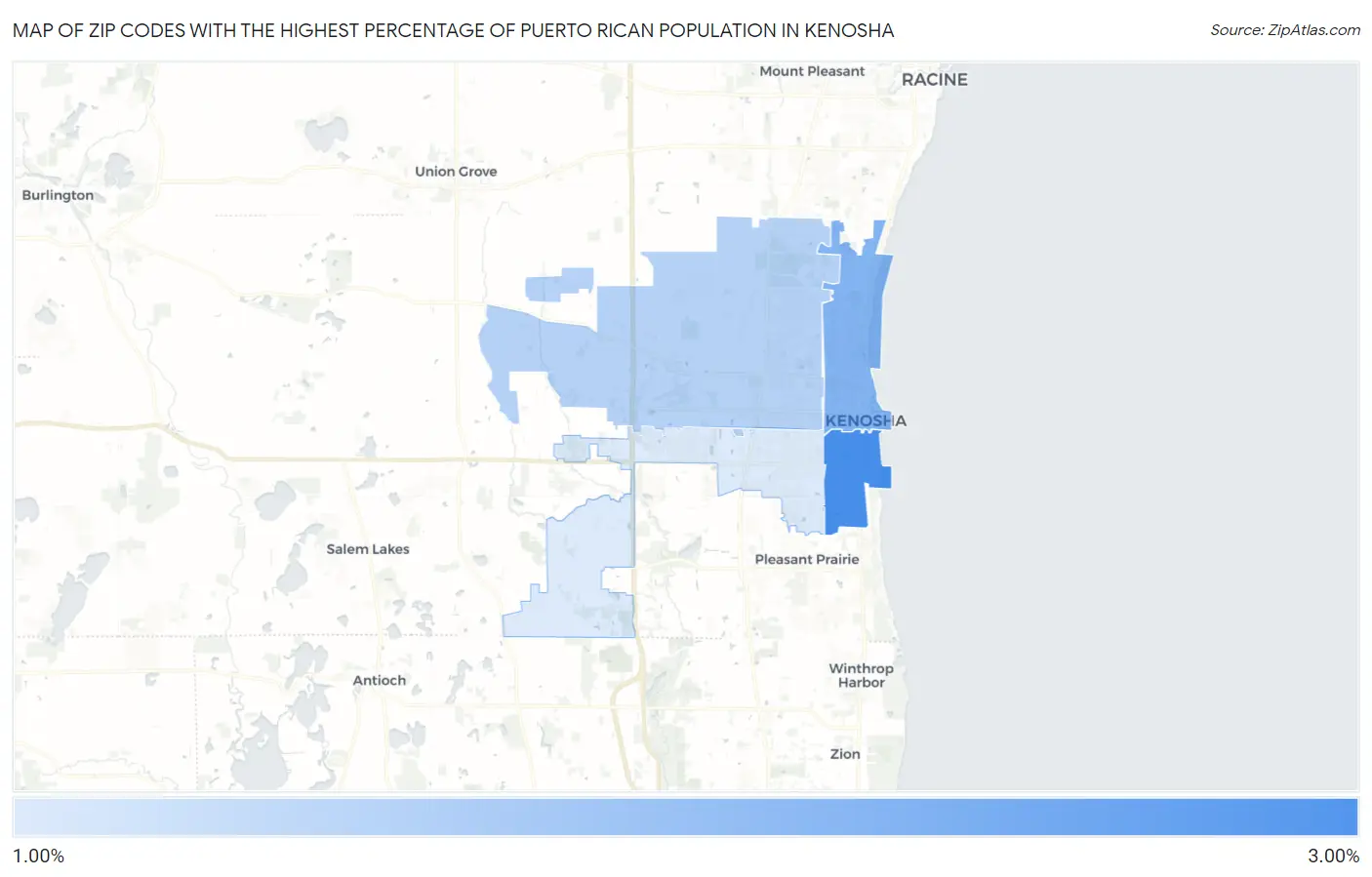 Zip Codes with the Highest Percentage of Puerto Rican Population in Kenosha Map