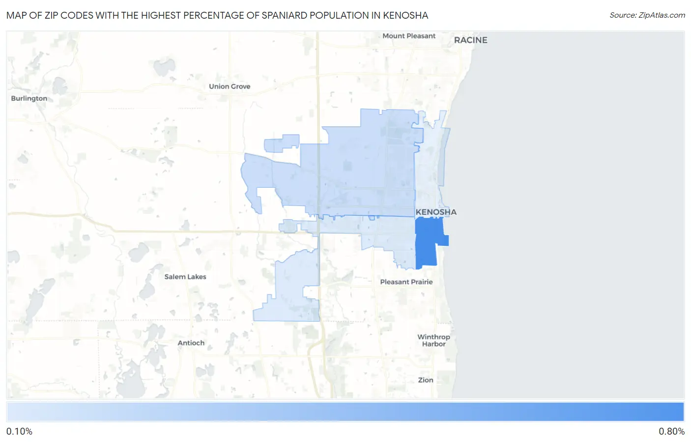 Zip Codes with the Highest Percentage of Spaniard Population in Kenosha Map