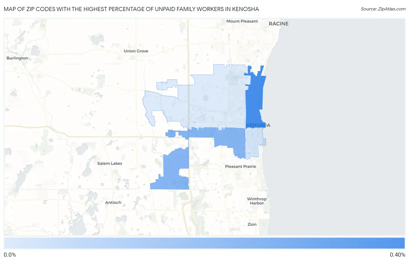 Zip Codes with the Highest Percentage of Unpaid Family Workers in Kenosha Map