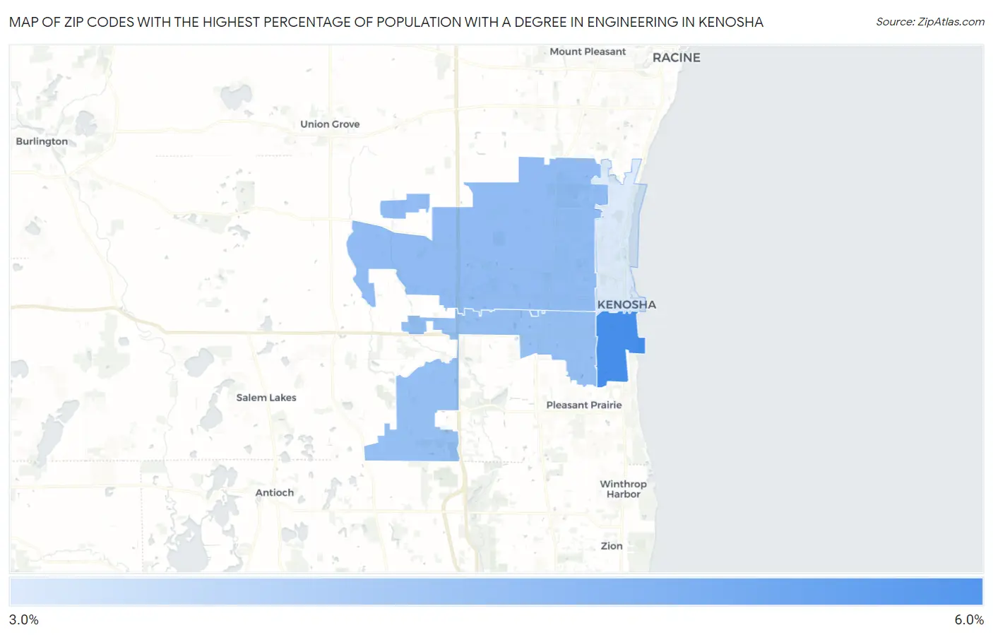 Zip Codes with the Highest Percentage of Population with a Degree in Engineering in Kenosha Map