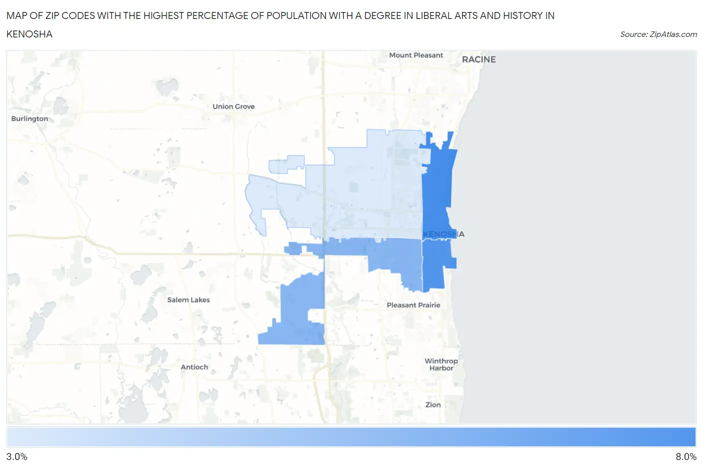 Zip Codes with the Highest Percentage of Population with a Degree in Liberal Arts and History in Kenosha Map