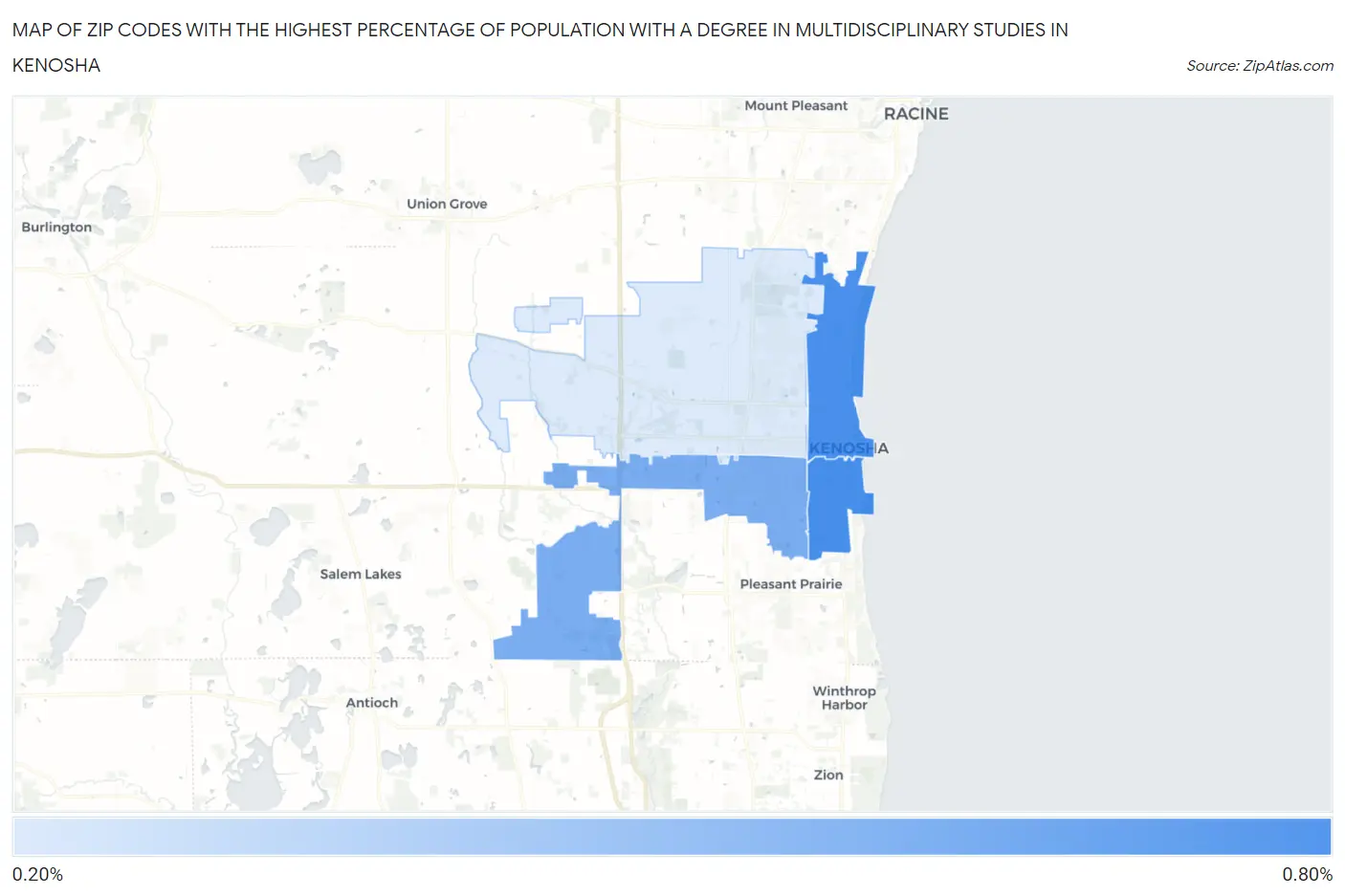 Zip Codes with the Highest Percentage of Population with a Degree in Multidisciplinary Studies in Kenosha Map