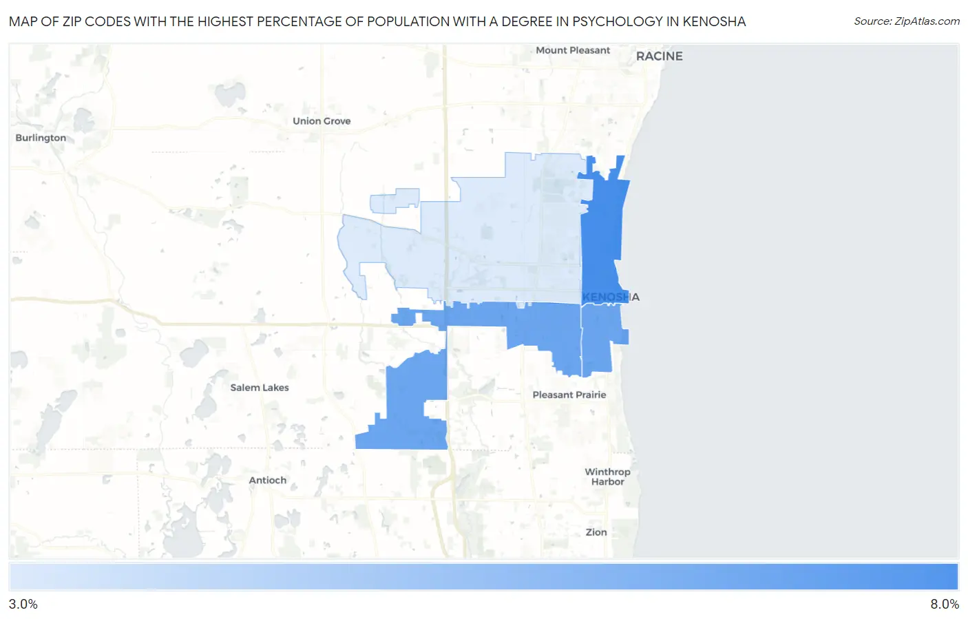 Zip Codes with the Highest Percentage of Population with a Degree in Psychology in Kenosha Map