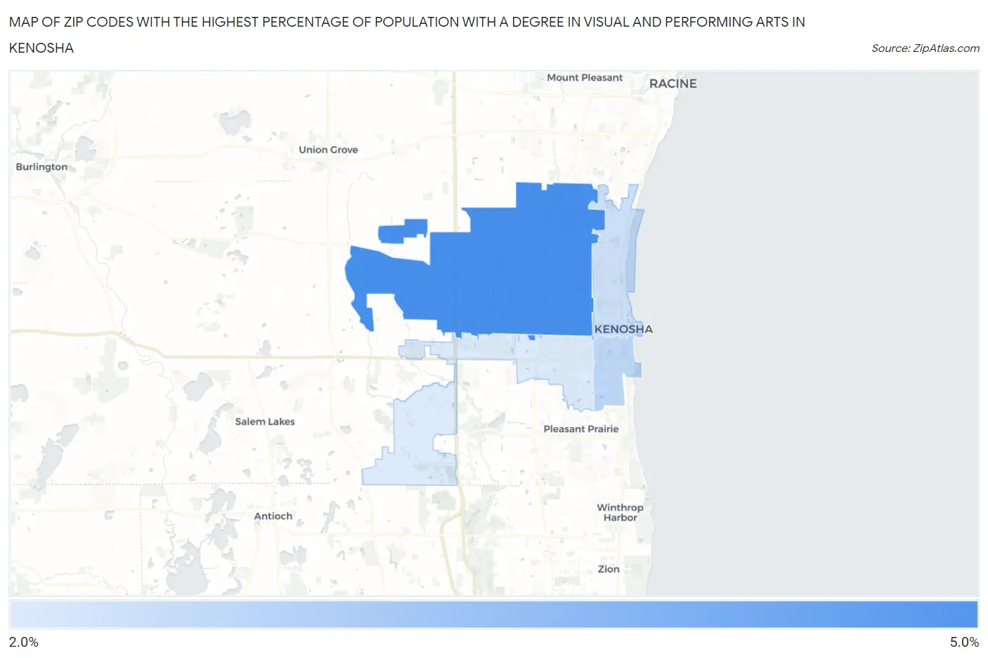 Zip Codes with the Highest Percentage of Population with a Degree in Visual and Performing Arts in Kenosha Map