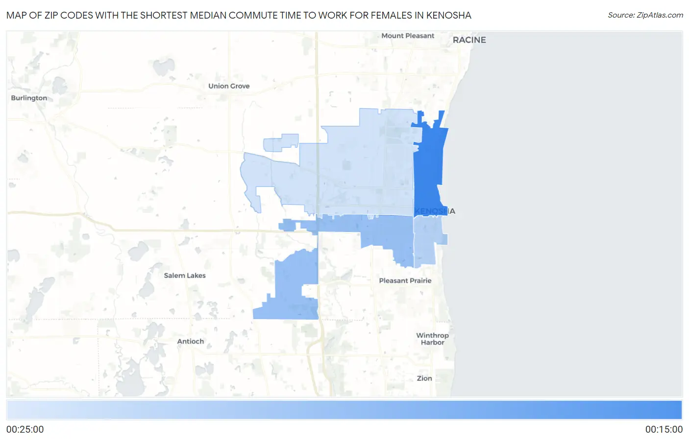 Zip Codes with the Shortest Median Commute Time to Work for Females in Kenosha Map
