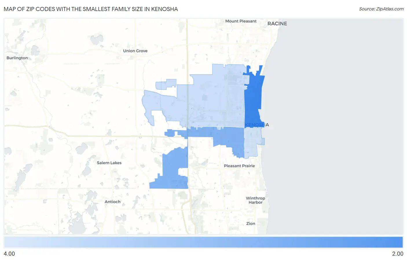 Zip Codes with the Smallest Family Size in Kenosha Map