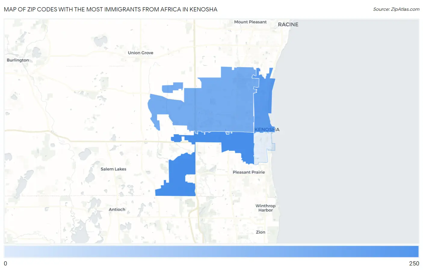 Zip Codes with the Most Immigrants from Africa in Kenosha Map