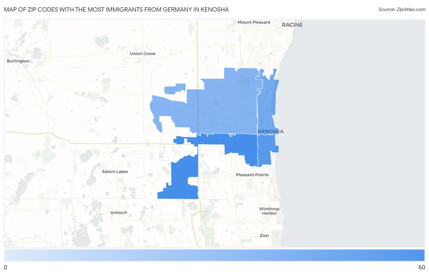 Zip Codes with the Most Immigrants from Germany in Kenosha Map