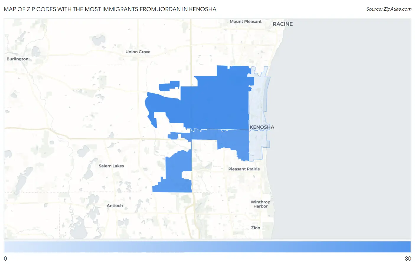 Zip Codes with the Most Immigrants from Jordan in Kenosha Map