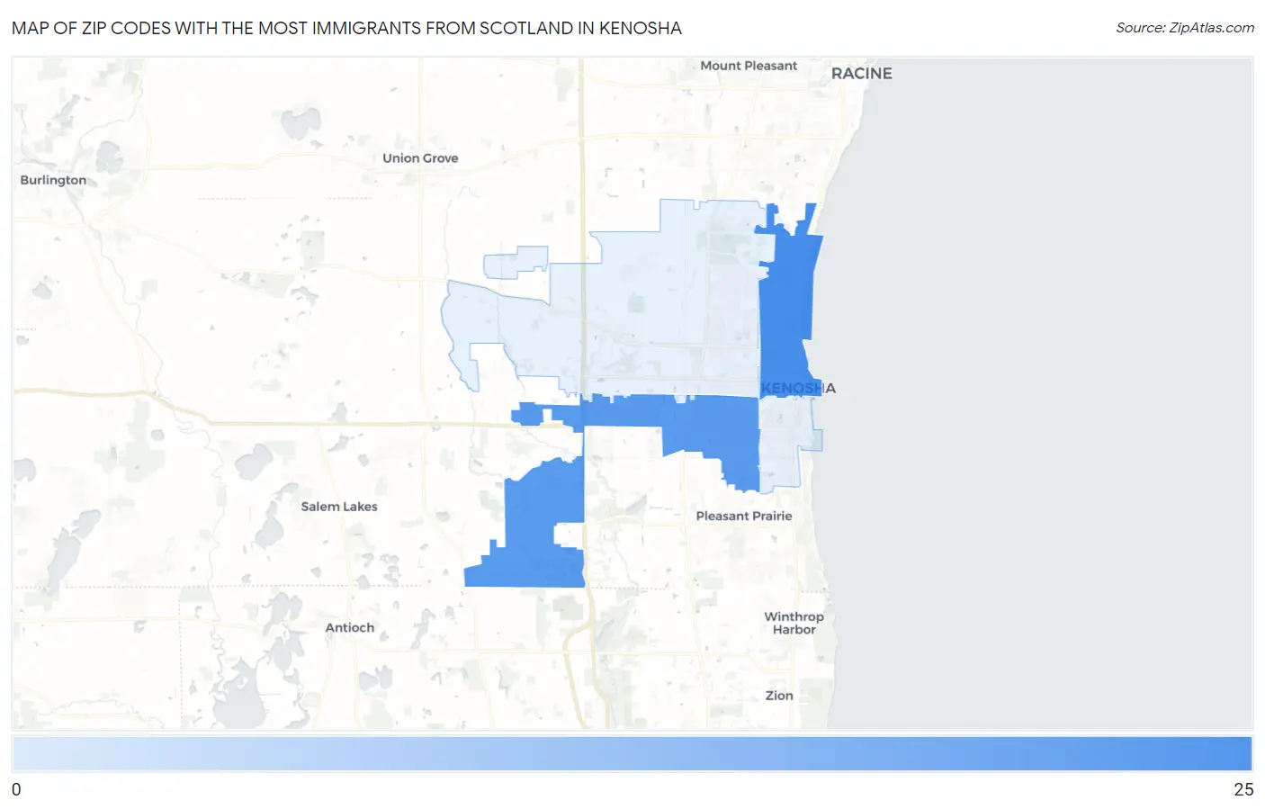 Zip Codes with the Most Immigrants from Scotland in Kenosha Map