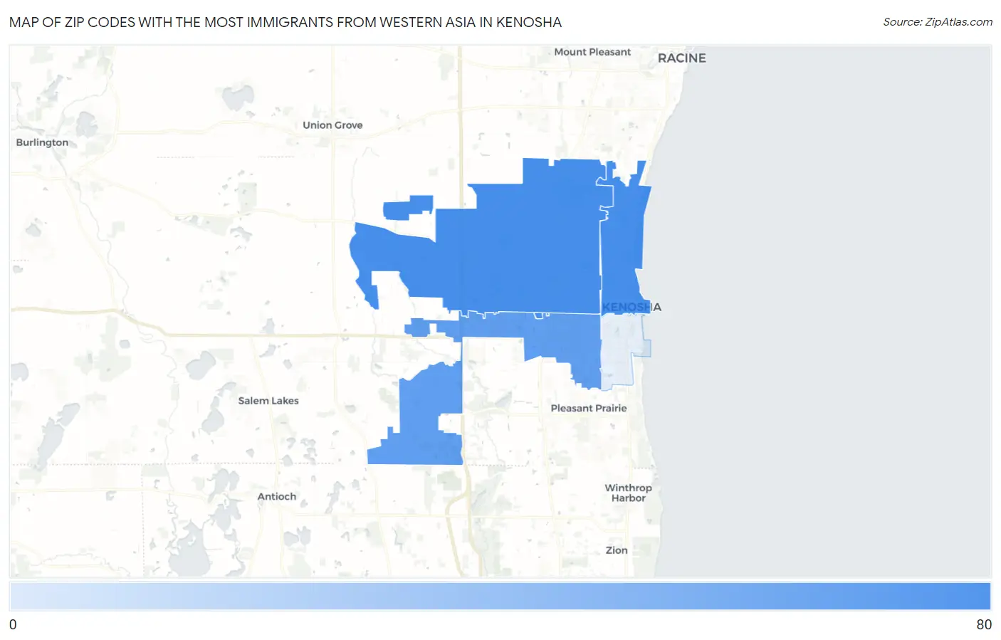 Zip Codes with the Most Immigrants from Western Asia in Kenosha Map