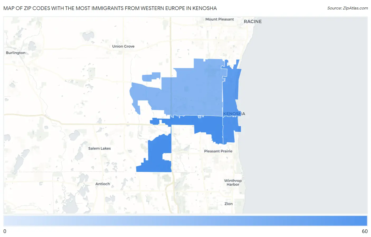 Zip Codes with the Most Immigrants from Western Europe in Kenosha Map
