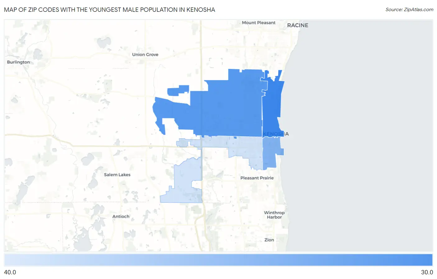 Zip Codes with the Youngest Male Population in Kenosha Map