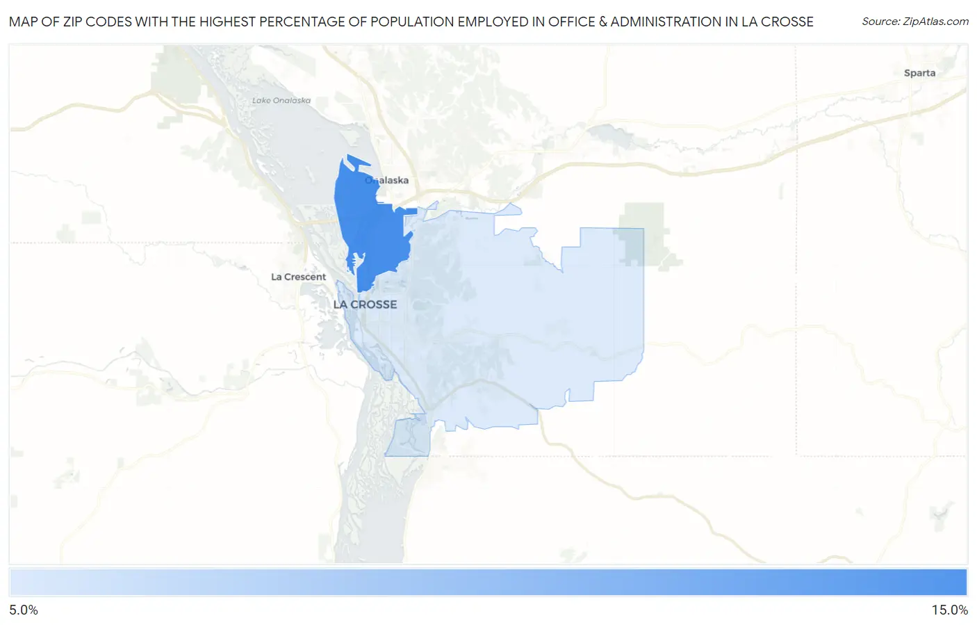 Zip Codes with the Highest Percentage of Population Employed in Office & Administration in La Crosse Map