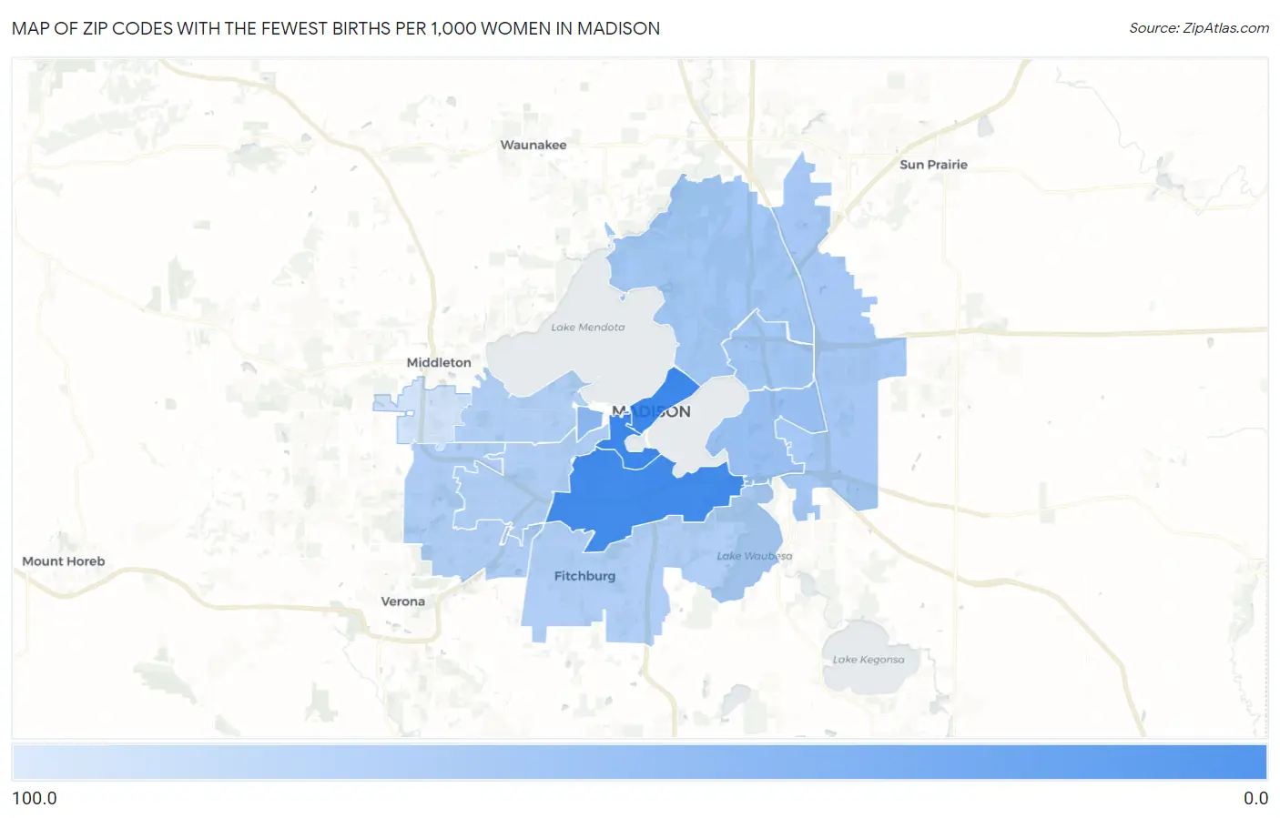 Zip Codes with the Fewest Births per 1,000 Women in Madison Map