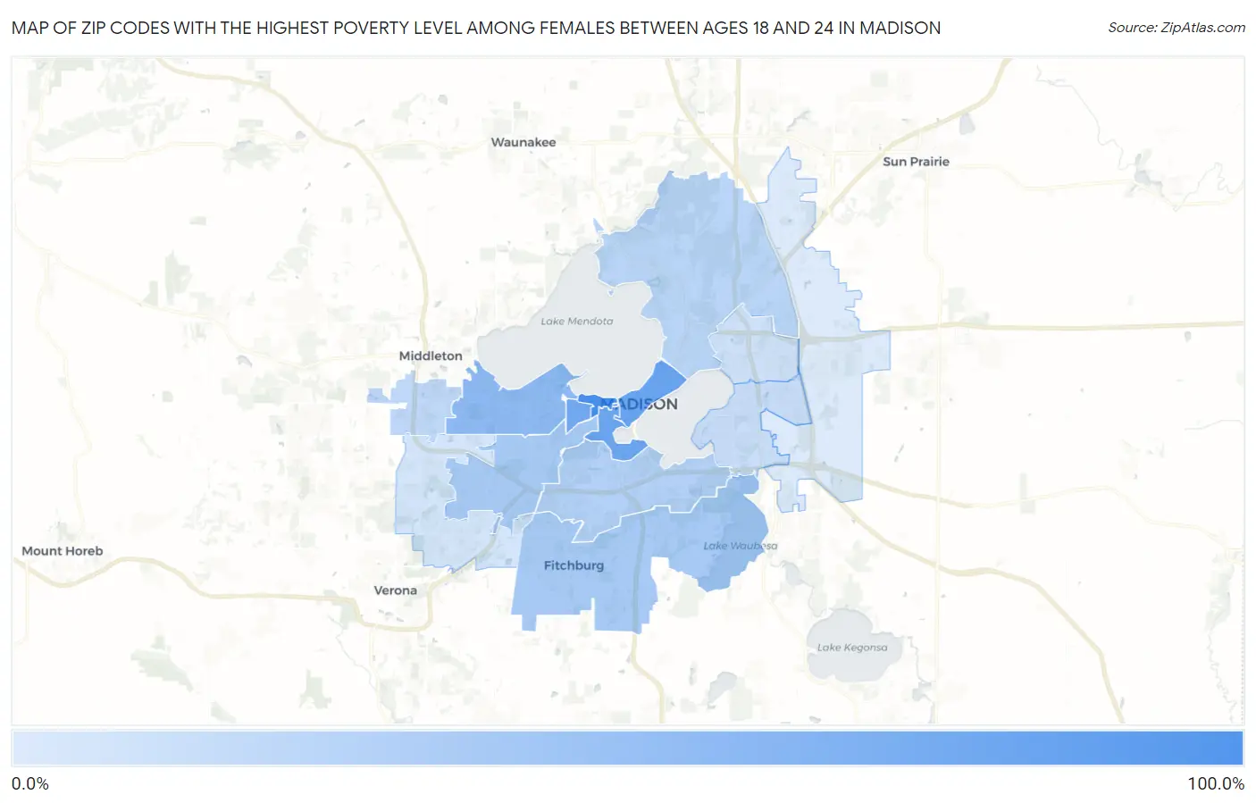 Zip Codes with the Highest Poverty Level Among Females Between Ages 18 and 24 in Madison Map