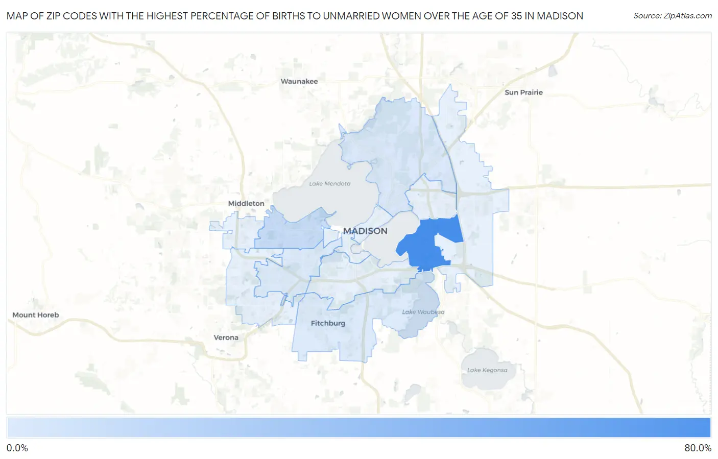 Zip Codes with the Highest Percentage of Births to Unmarried Women over the Age of 35 in Madison Map