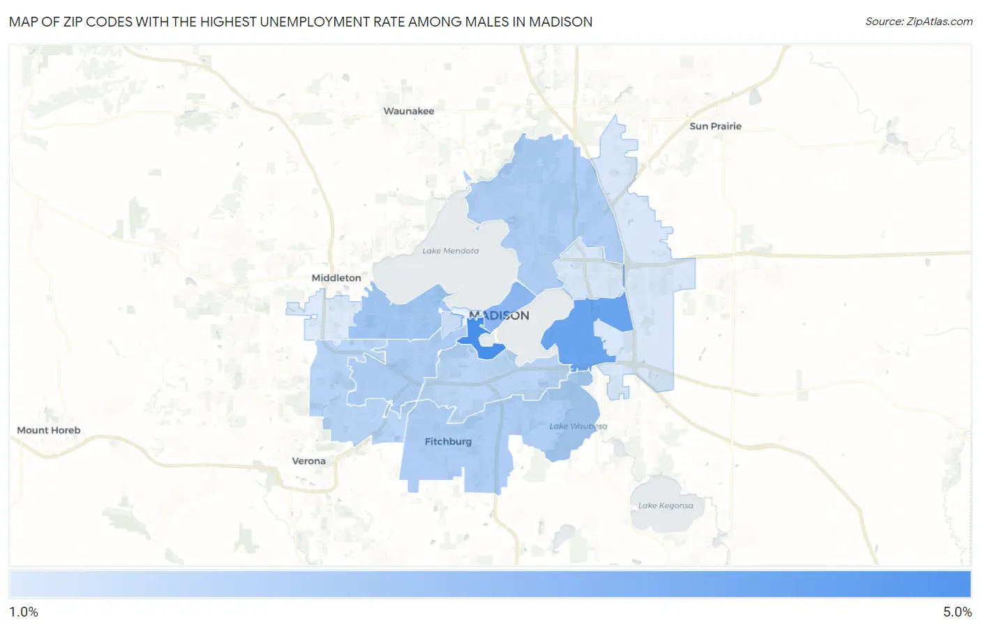 Zip Codes with the Highest Unemployment Rate Among Males in Madison Map